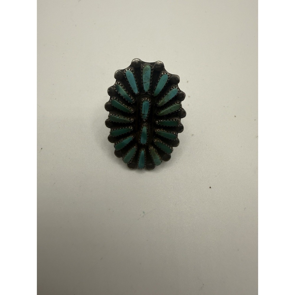 Vtg 1950's Zuni Petit Point Turquoise Cluster‎ Sterling Silver Ring